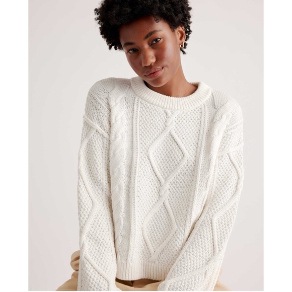 Quince Sweaters - Quince Women White Cable 100% Organic Cotton Cropped Sweater Size S